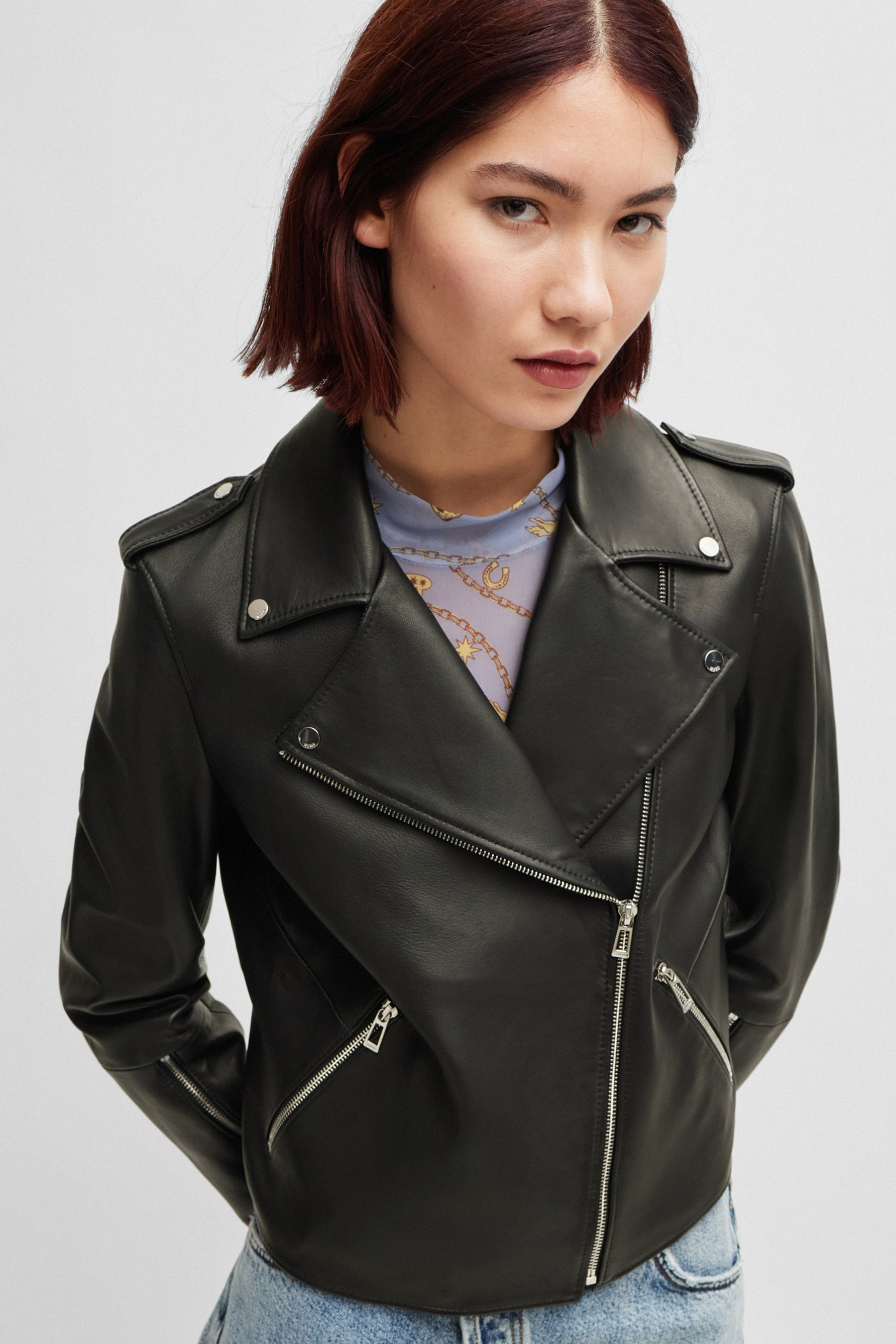 HUGO Regular Fit Leather Biker Jacket Lujana