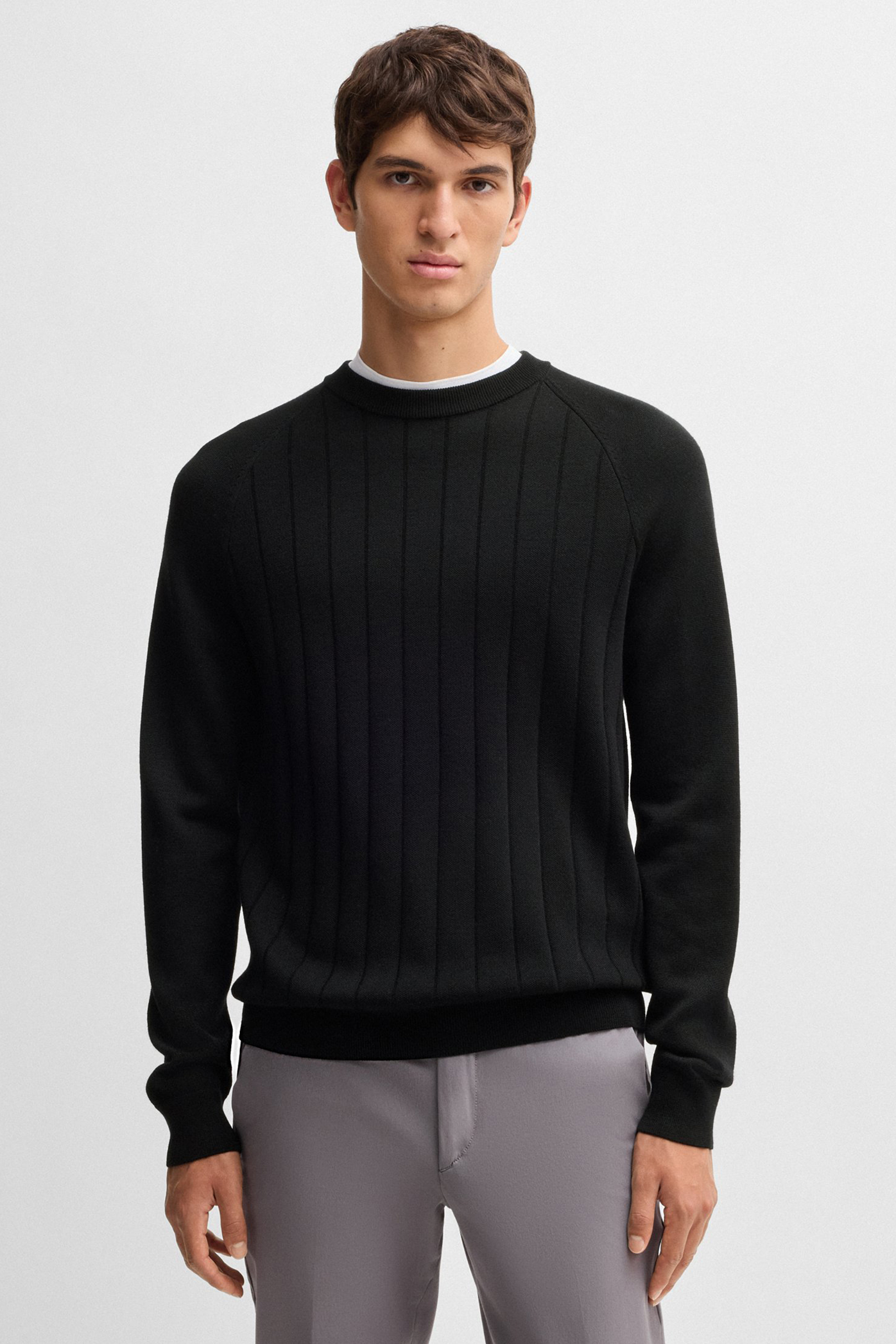 BOSS Striped Virgin Wool-Lyocell Blend Sweater H-Belugo