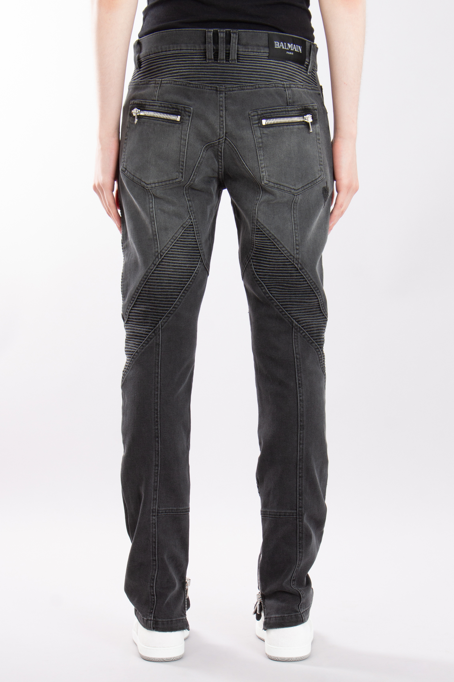 BALMAIN Cotton Stretch Denim Biker Jeans