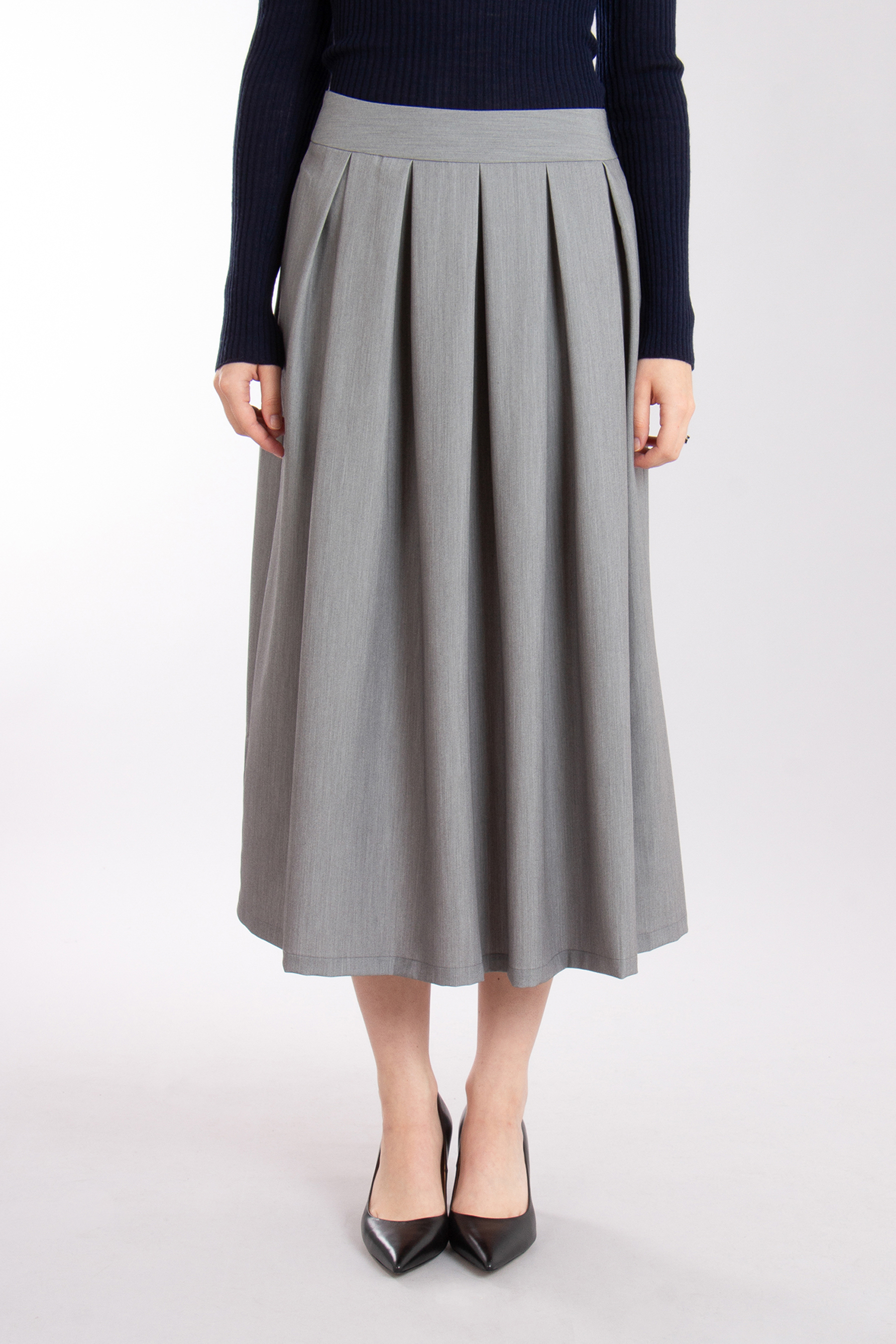 0039 ITALY Pleated Stretch Flannel Midi Skirt Kylie