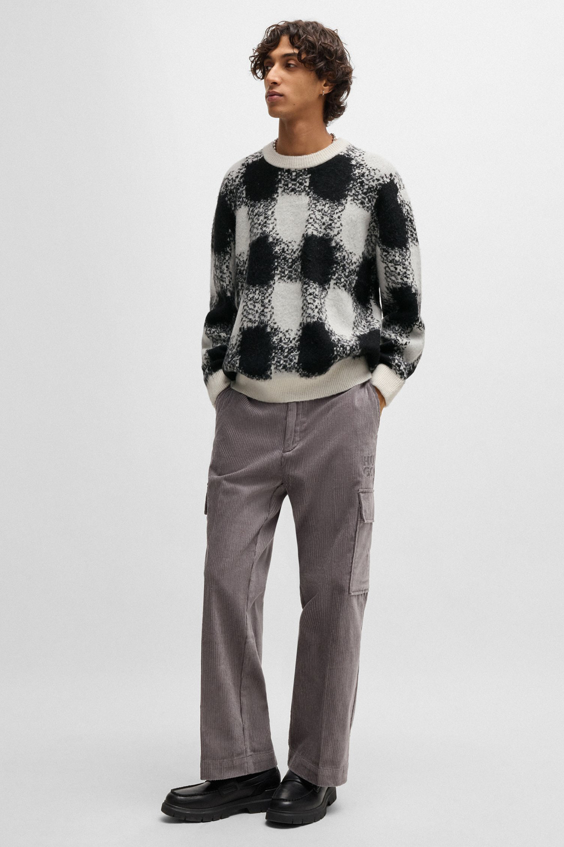 HUGO Oversized Checked Jacquard Knit Sweater Shequer