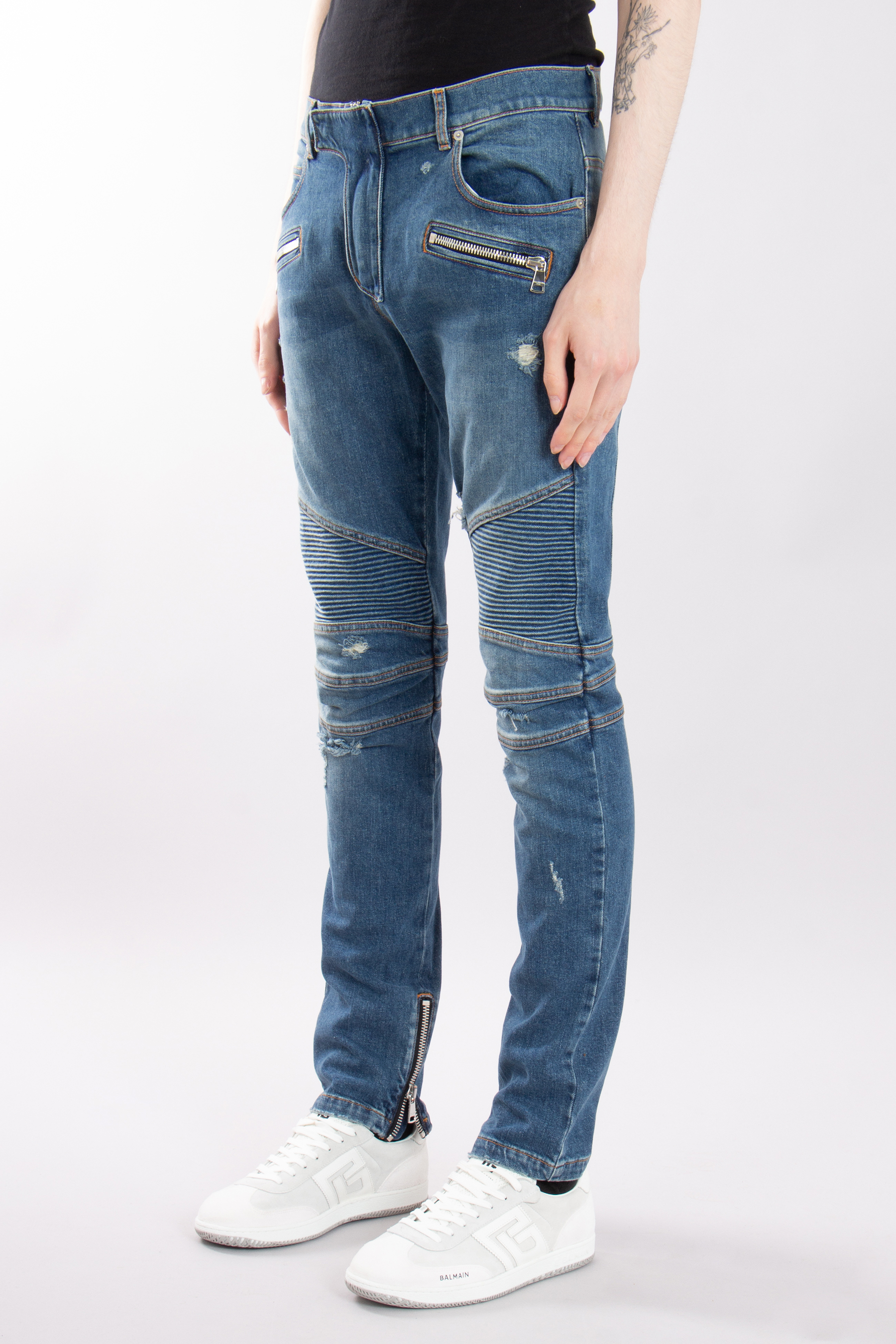 BALMAIN Cotton Stretch Denim Biker Jeans