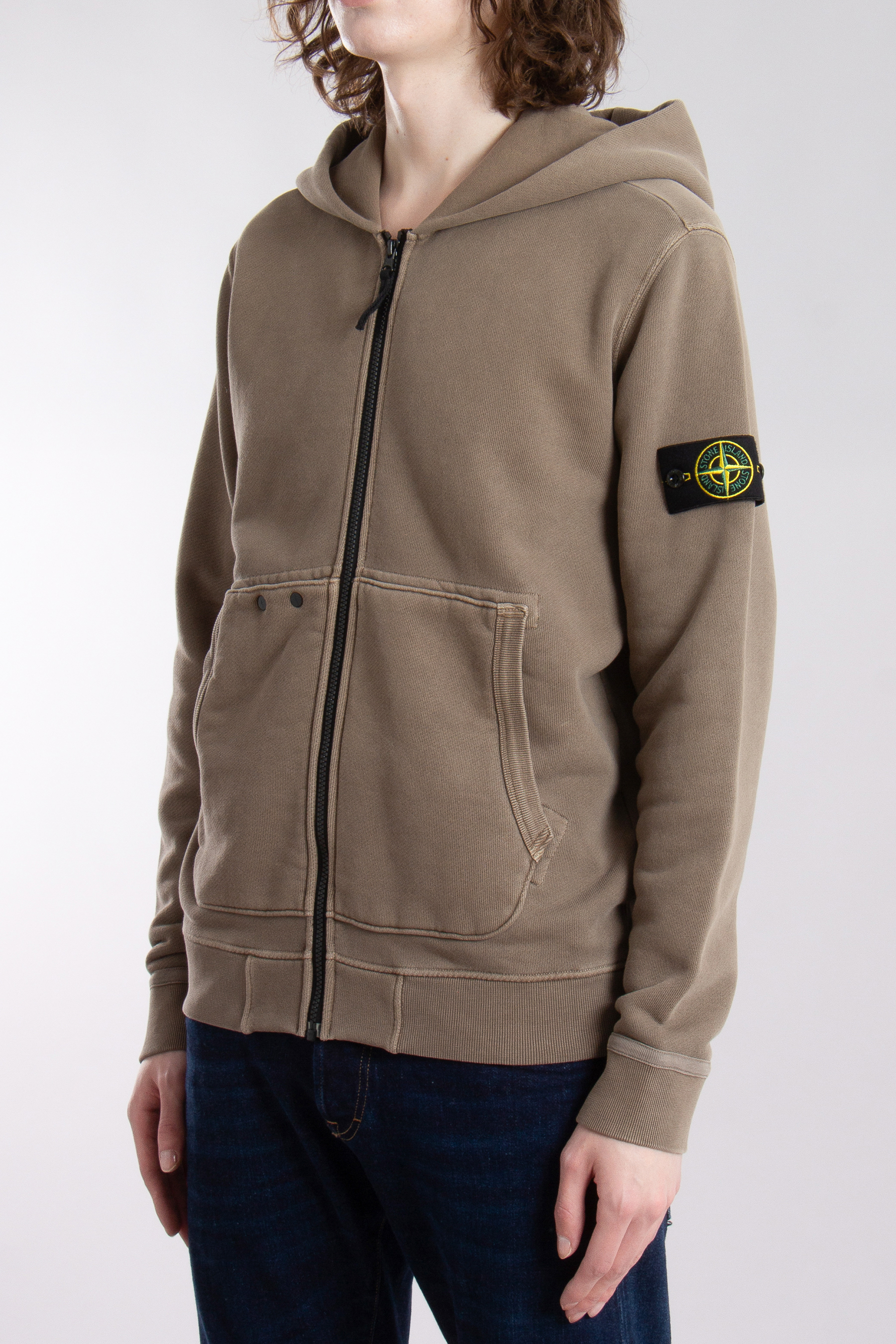 STONE ISLAND 'OLD' Effect Organic Cotton Diagonal Fleece Hooded Zip Up Sweatshirt