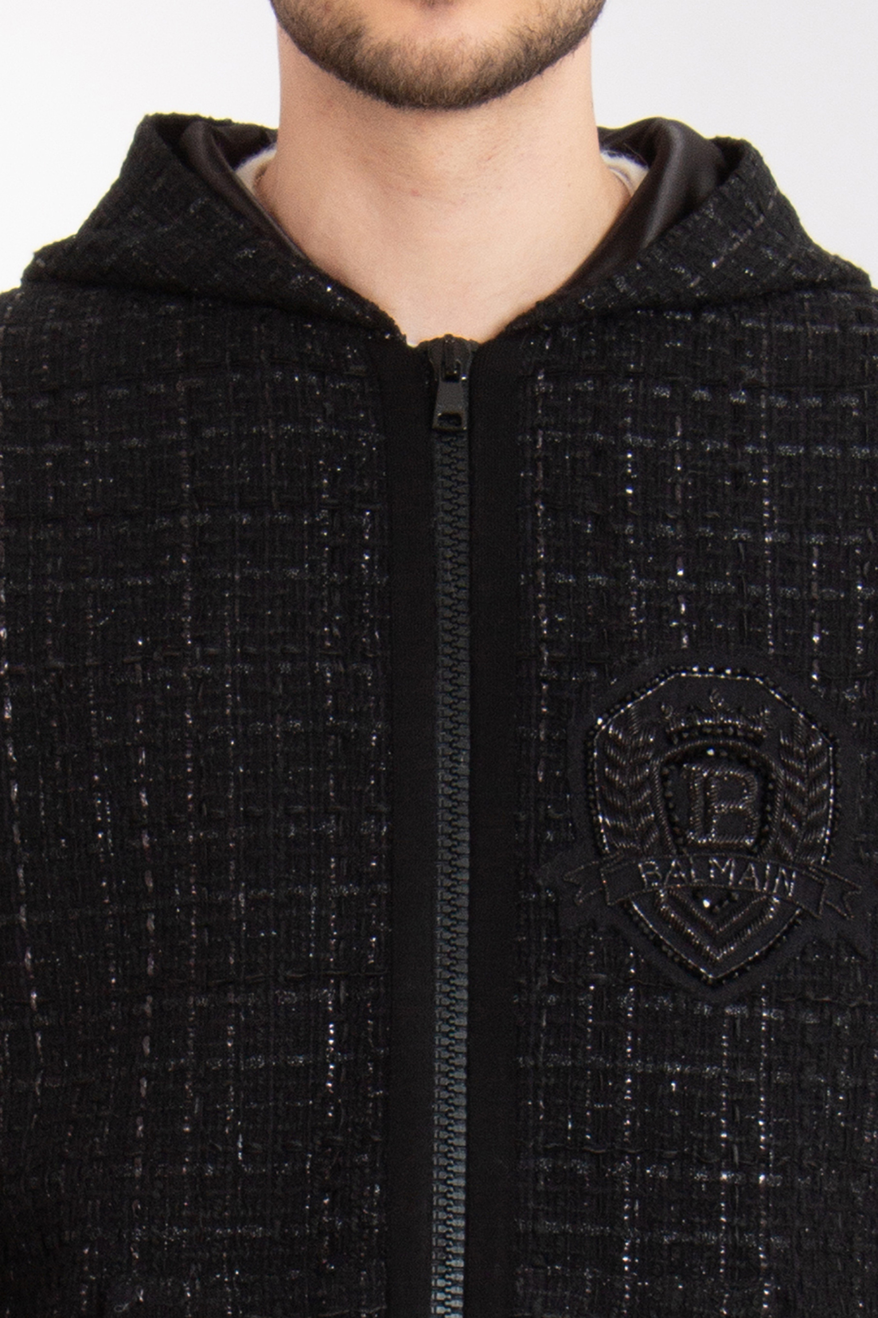 BALMAIN Cotton Blend Tweed Zip Hoodie