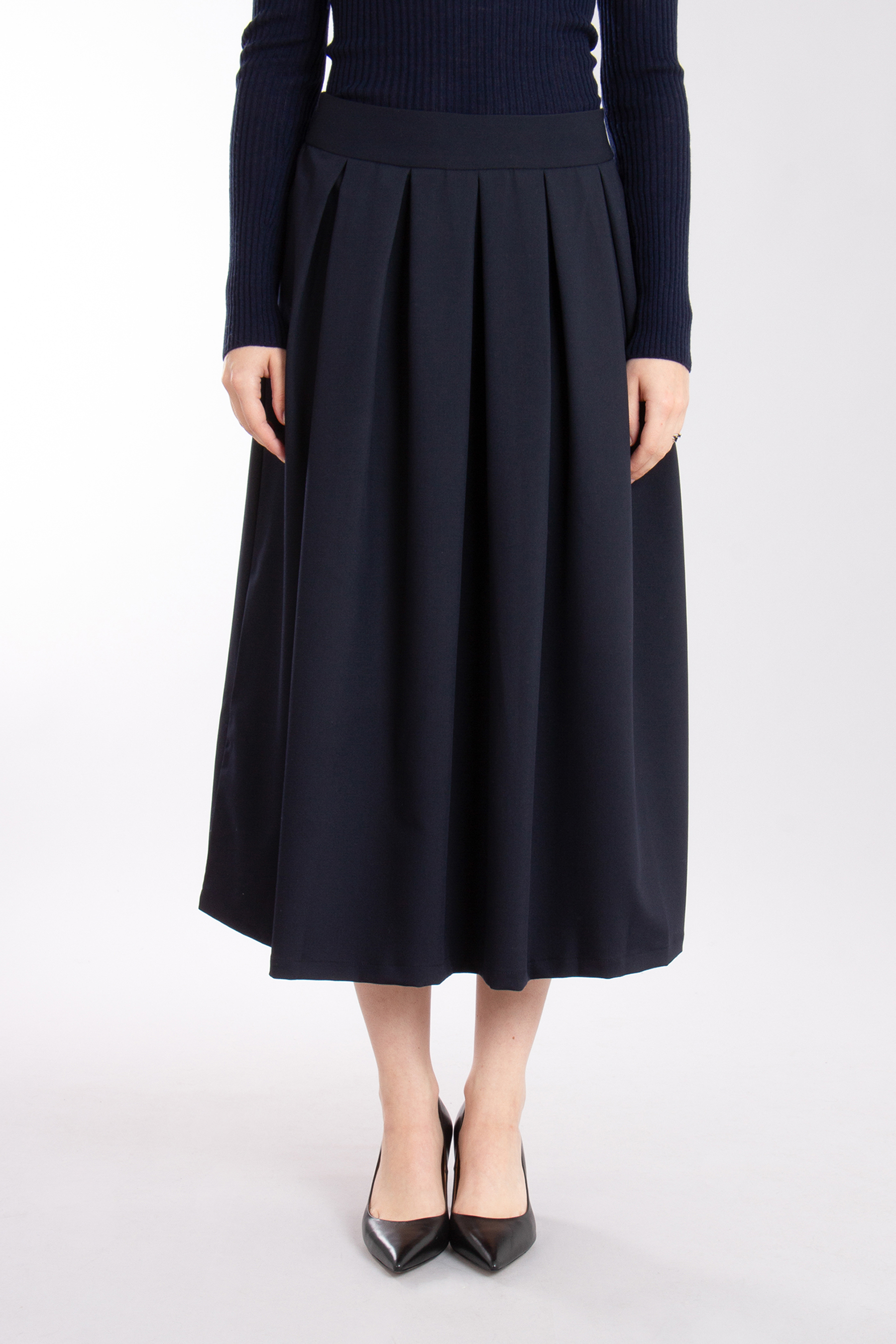 0039 ITALY Pleated Stretch Flannel Midi Skirt Kylie