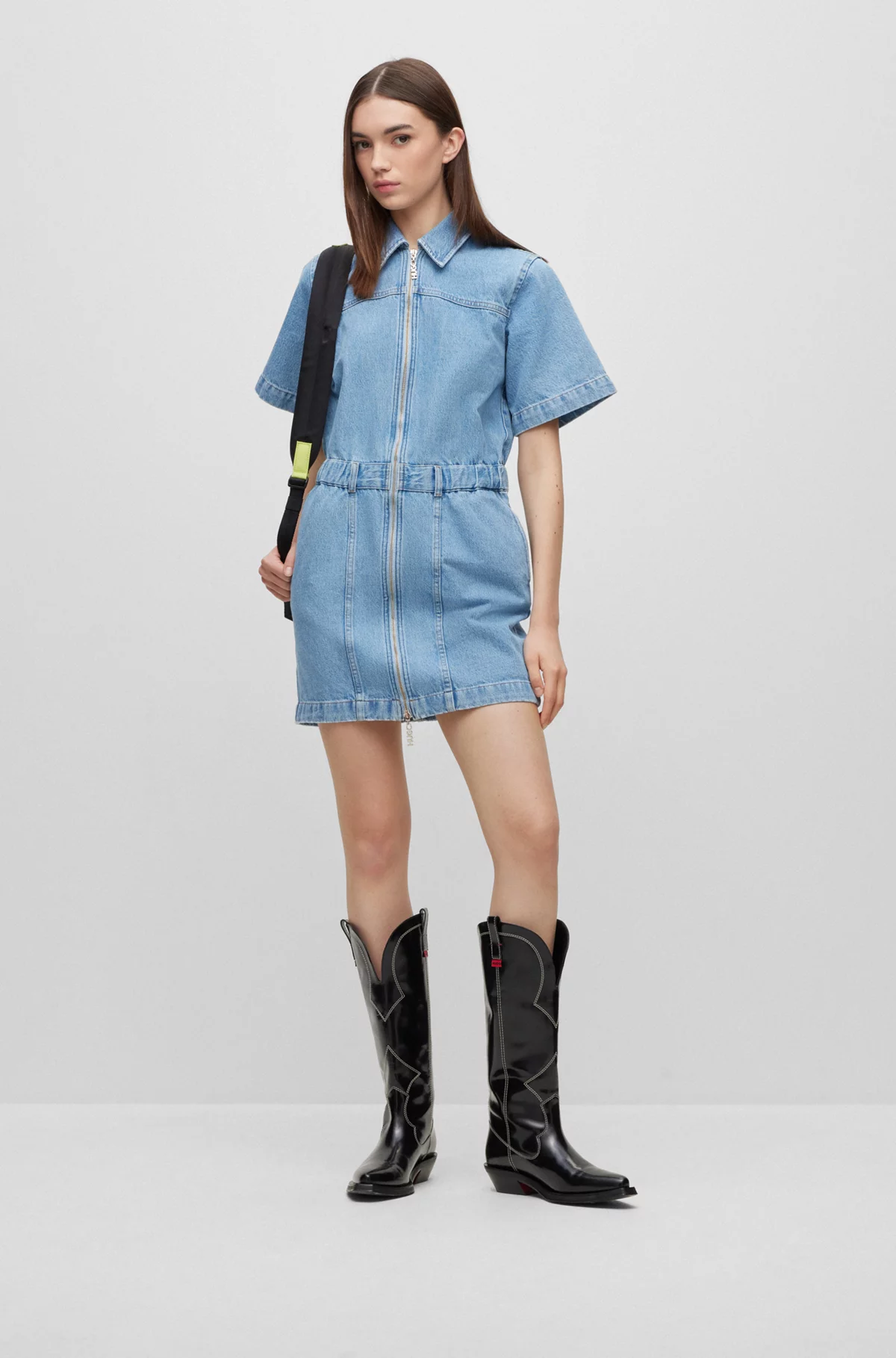 HUGO Zip-Up Cotton Denim Shirt Dress