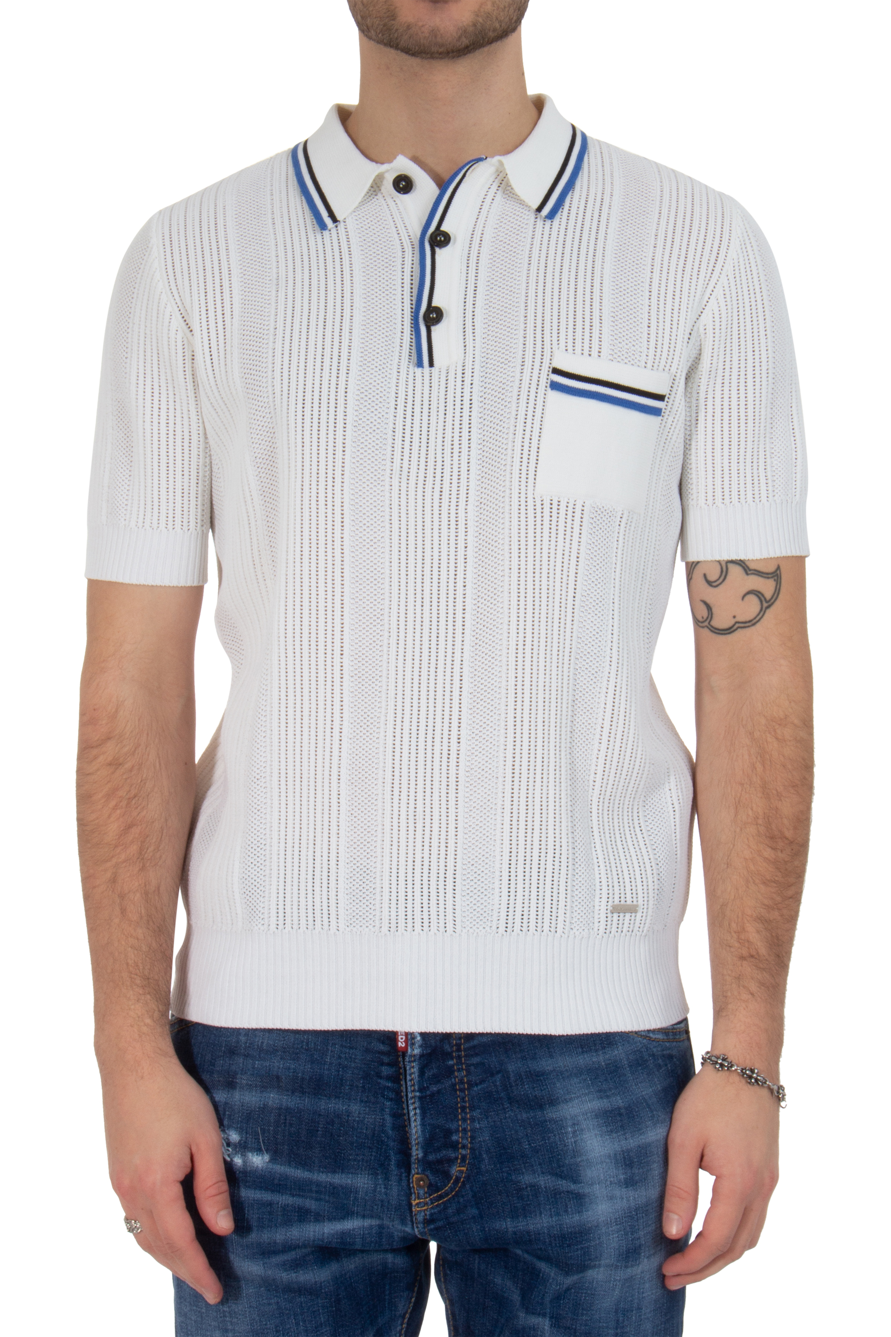 DSQUARED2 Knitted Openwork Cotton Blend Polo Shirt