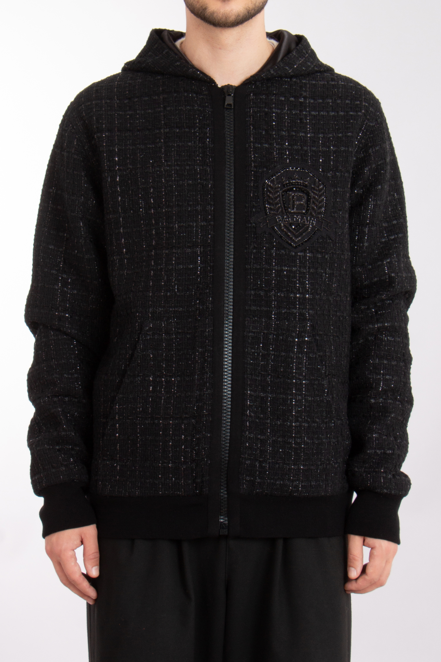 BALMAIN Cotton Blend Tweed Zip Hoodie