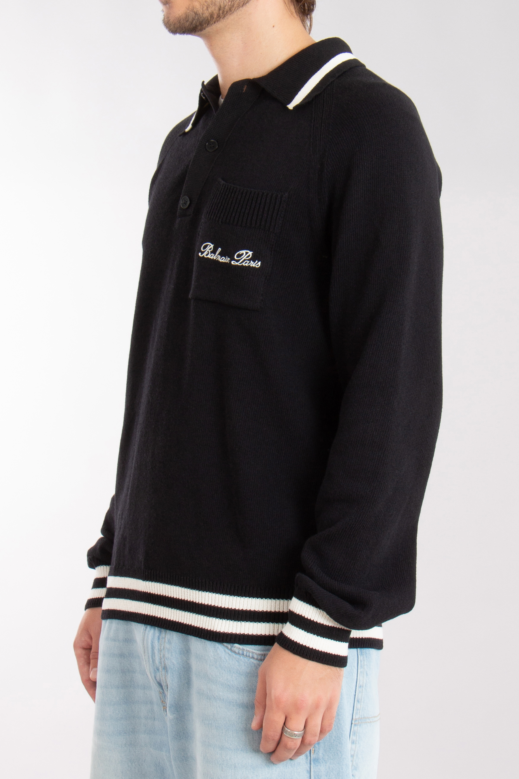 BALMAIN Longsleeve Lyocell-Cotton-Blend Knit Polo