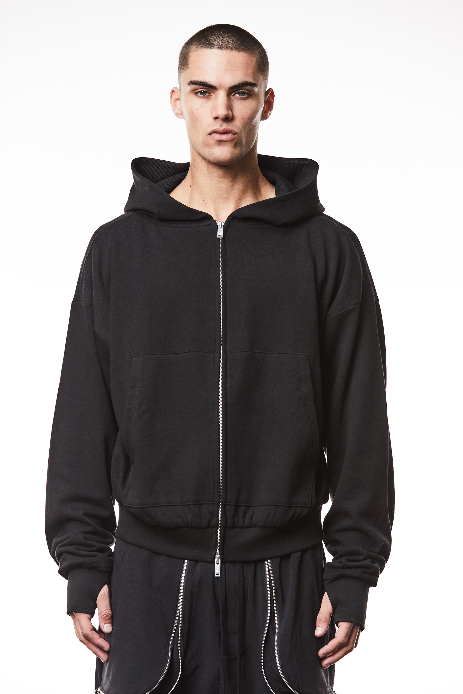 THOM KROM Oversized Cropped Matmix Cotton Jersey Hooded Sweat Jacket