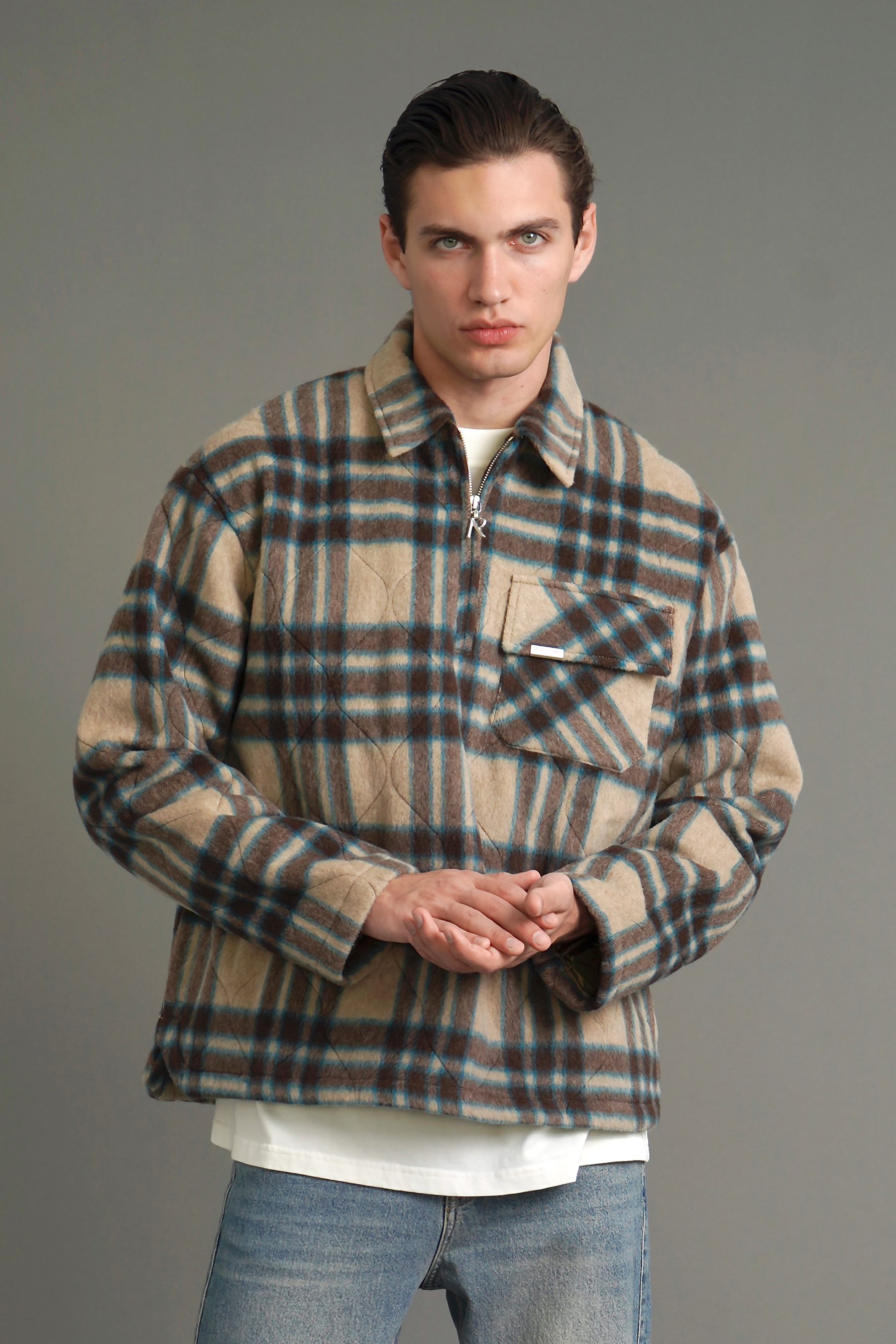 REPRESENT Checked Wool Blend Overshirt with Half-Zip