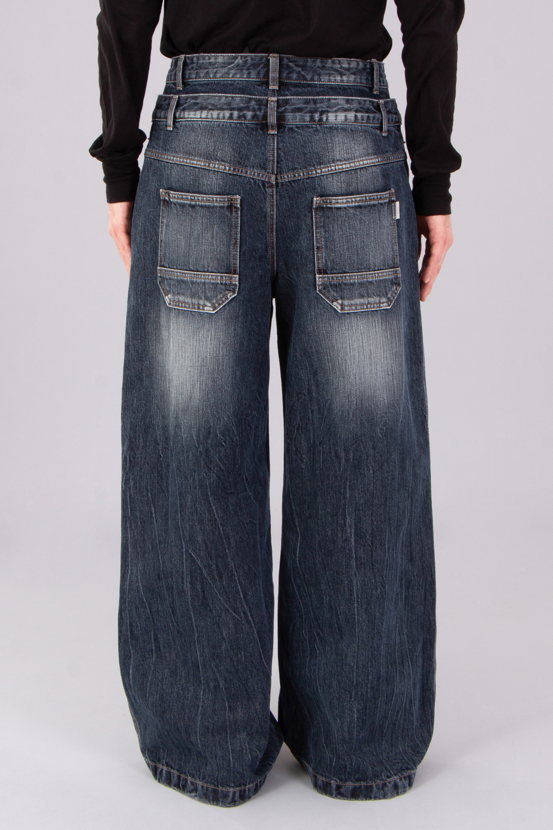 JUUN.J Wide Leg Washed Cotton Denim Double Waist Jeans