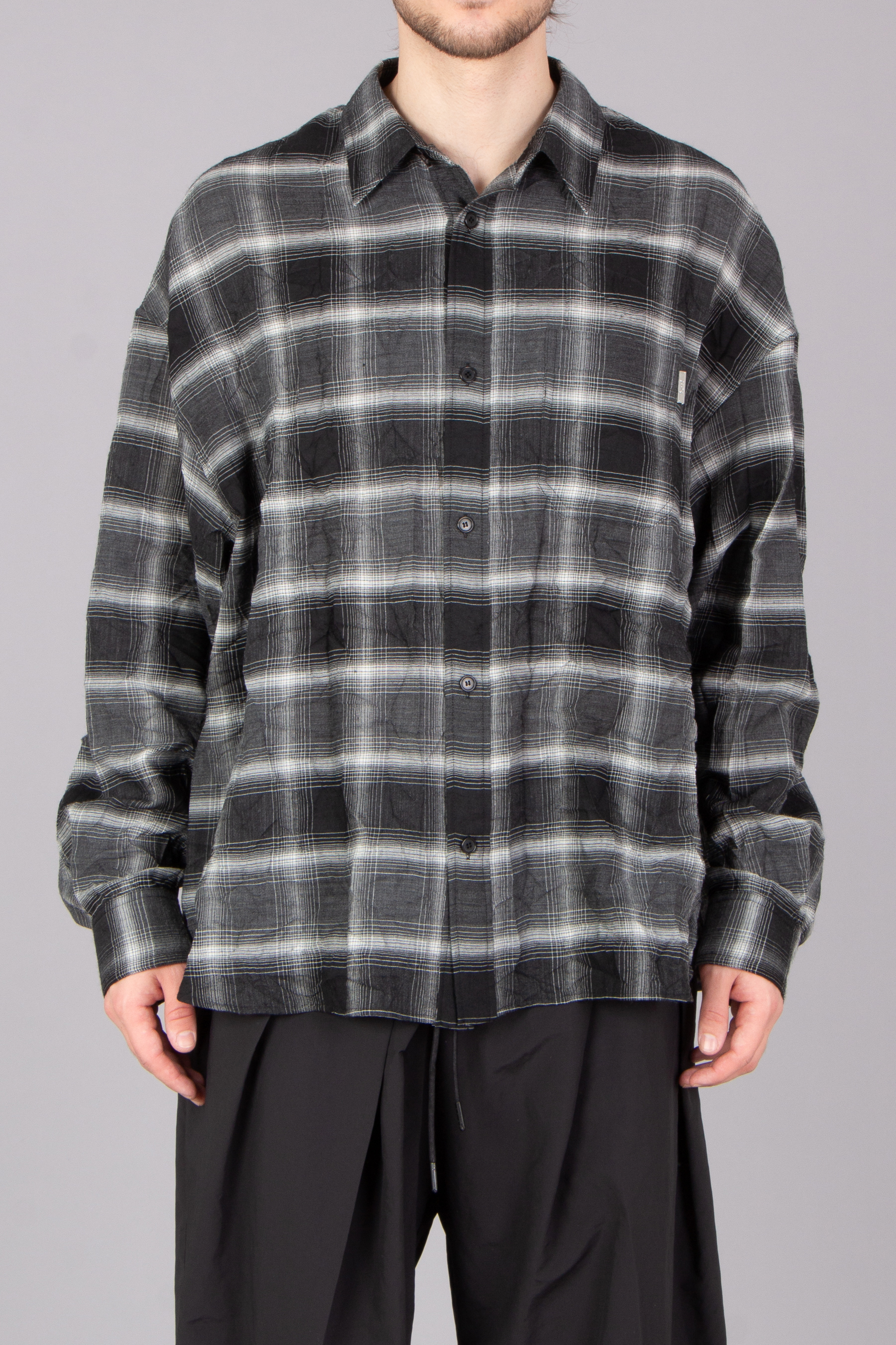 JUUN.J Loose Fit Checked Crinkle Wool Blend Overshirt