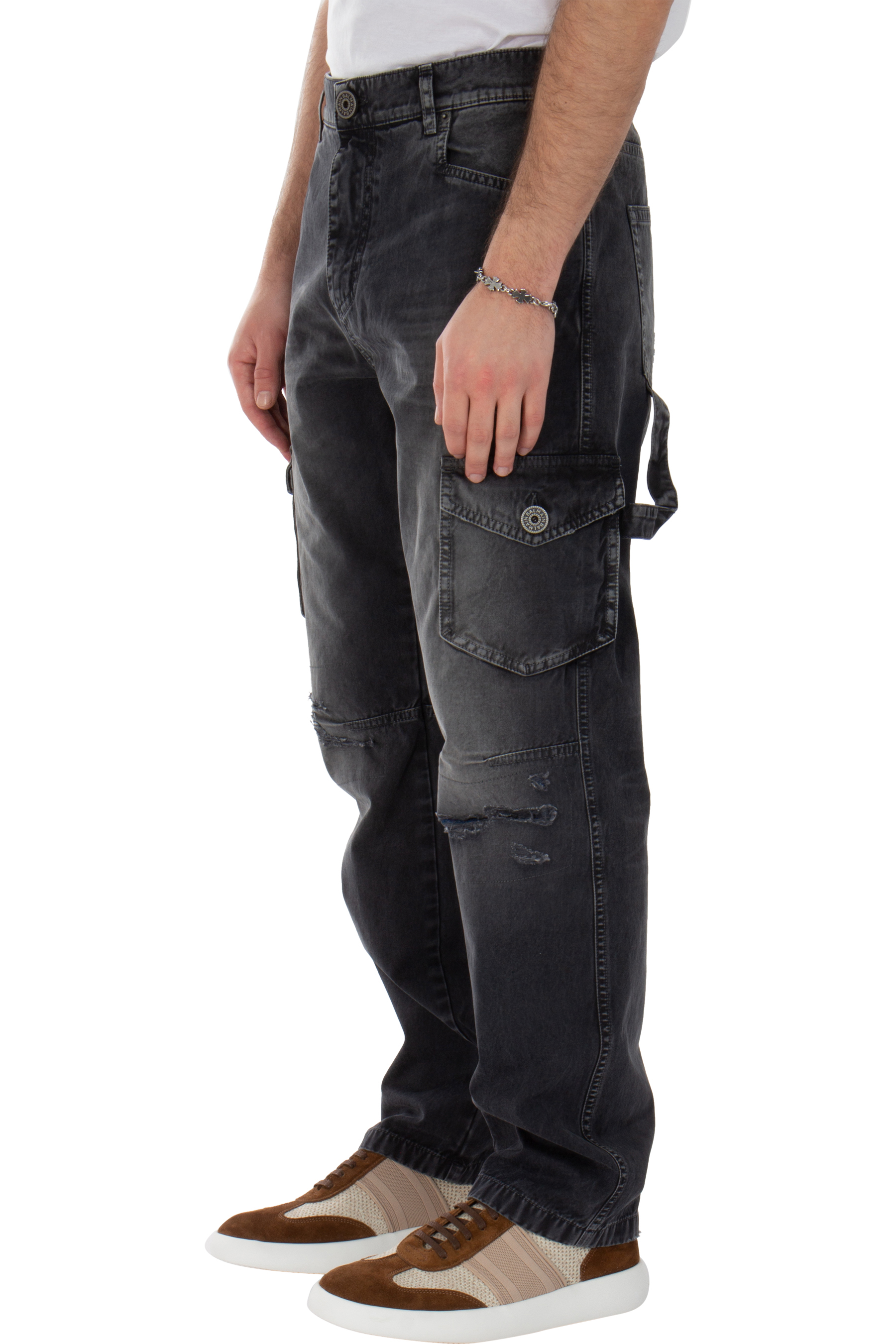 BALMAIN Used-Look Cotton Denim Cargo Pants