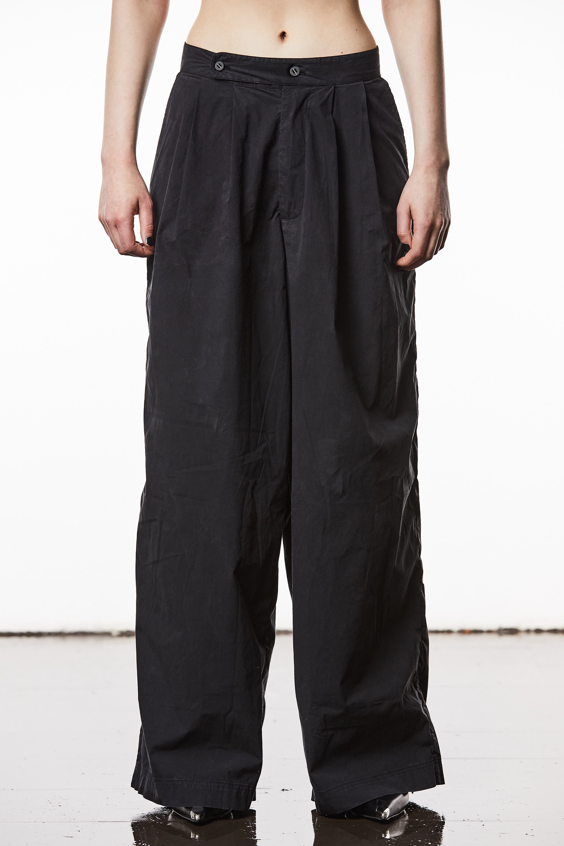 THOM KROM Wide Leg Washed Crashed Cotton Stretch Pants