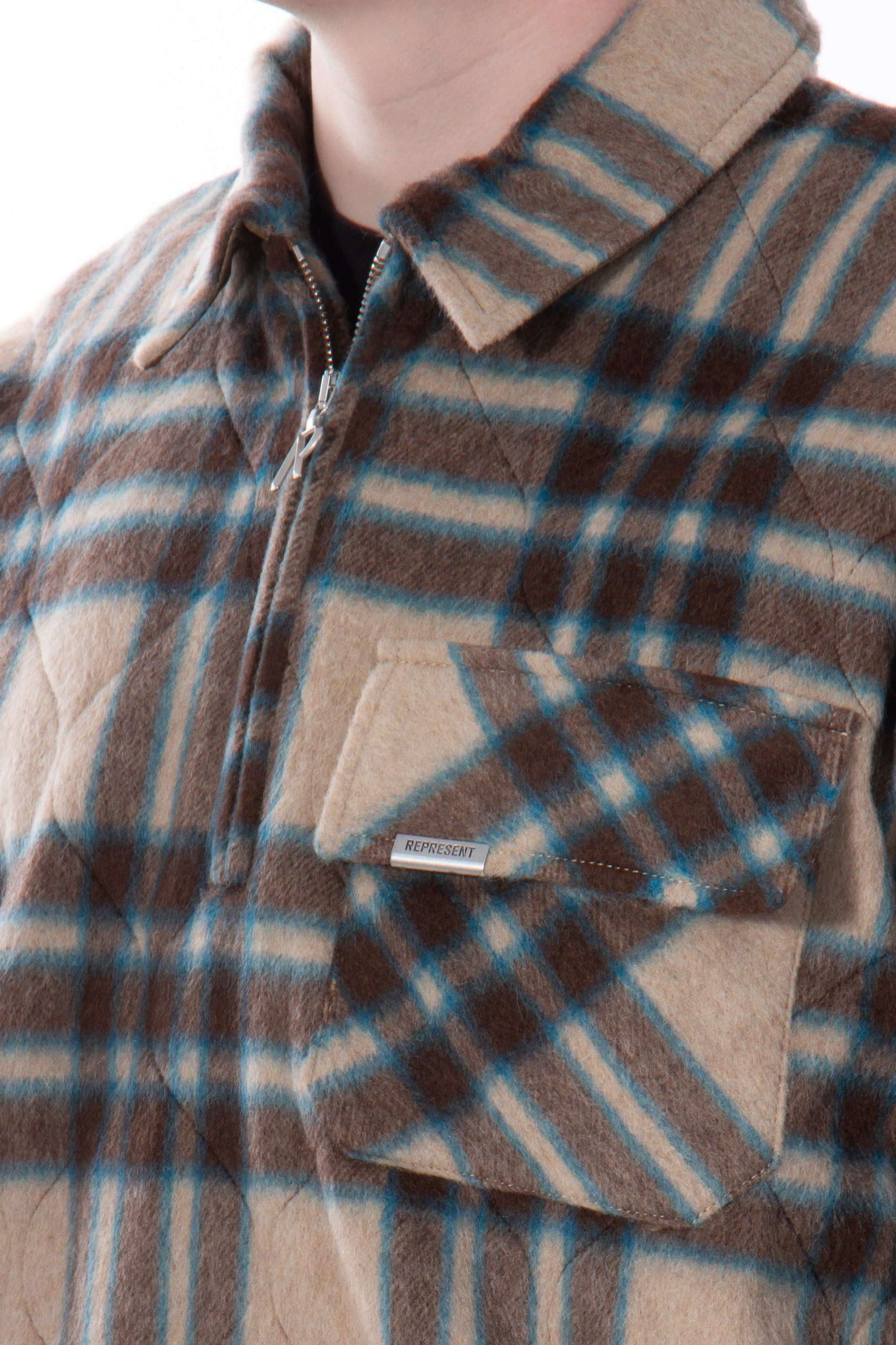 REPRESENT Checked Wool Blend Overshirt with Half-Zip