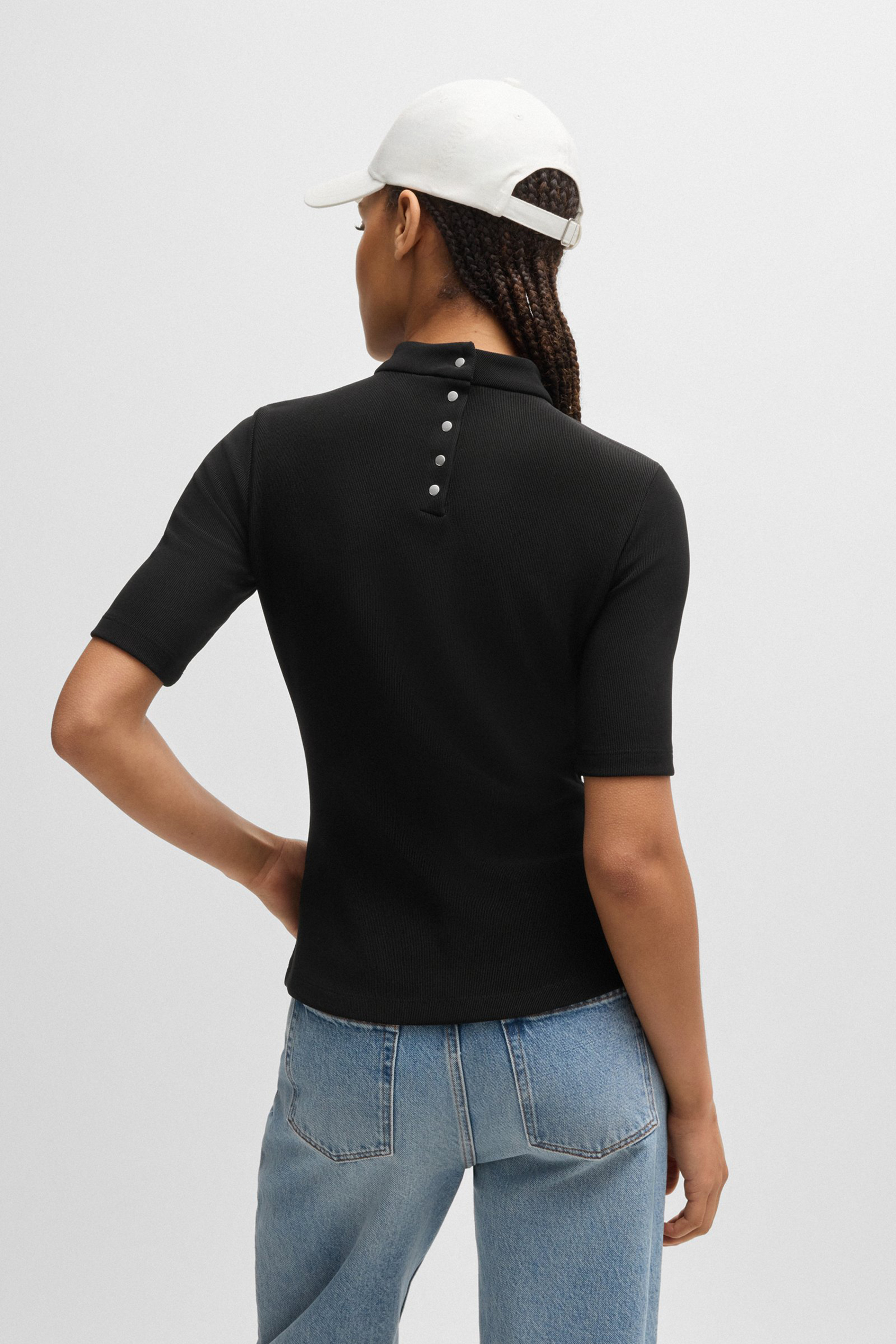 HUGO Ribbed Stretch Jersey Top Dagoon