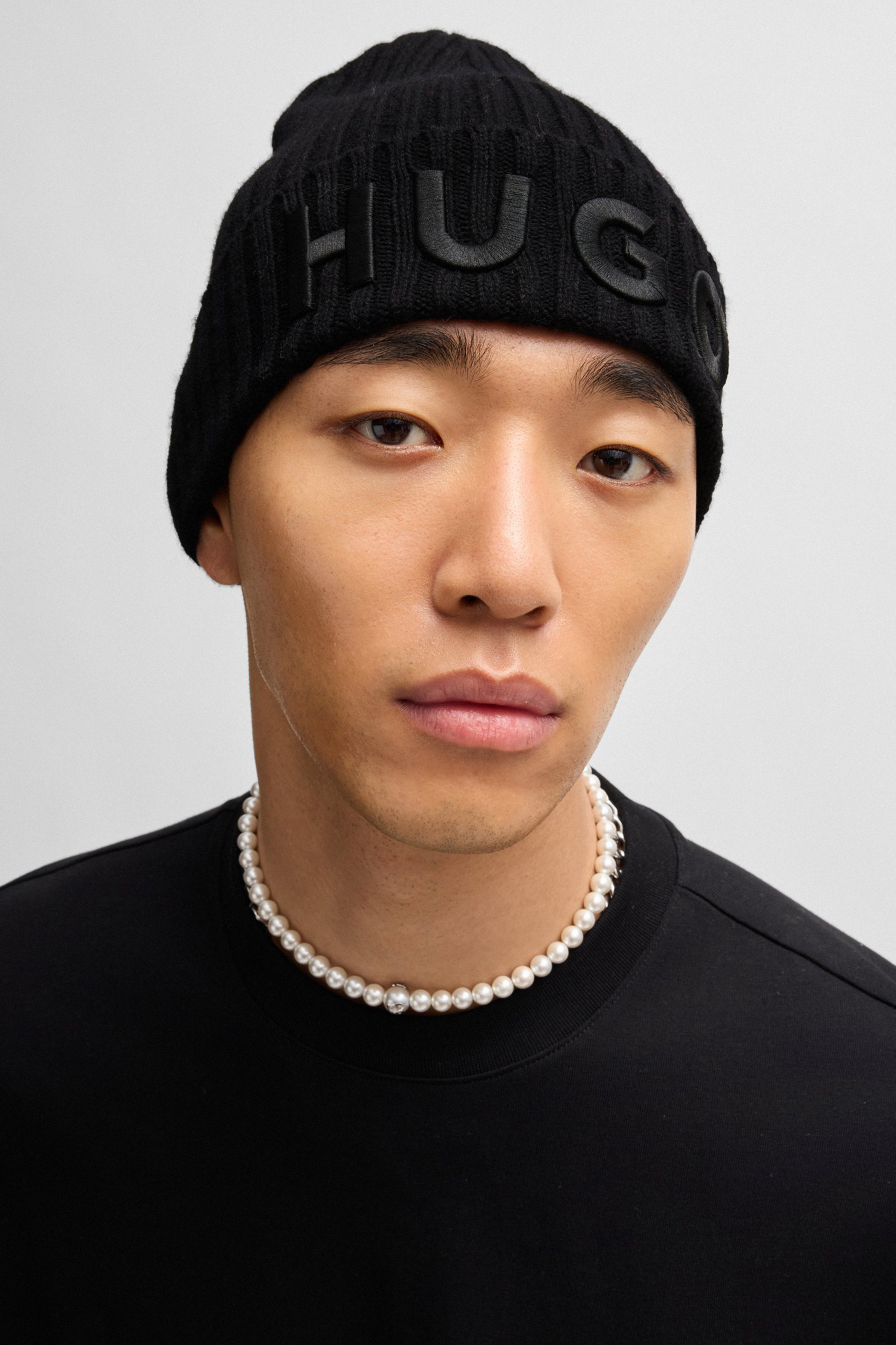 HUGO Embroidered Ribbed Virgin Wool Beanie Unisex