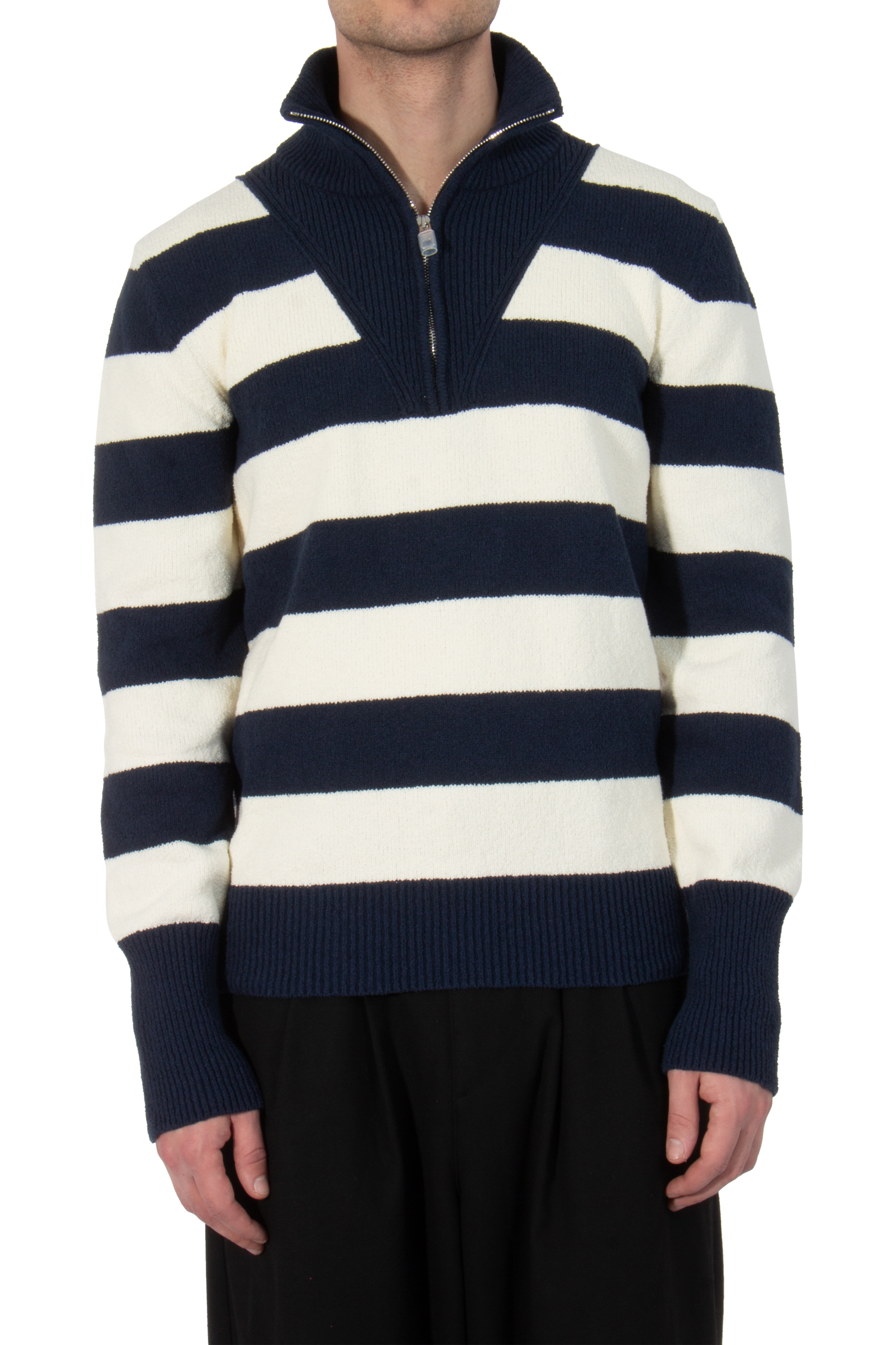 DOLCE & GABBANA Striped Cotton Nylon Blend Half Zip Sweater