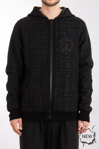 BALMAIN Cotton Blend Tweed Zip Hoodie